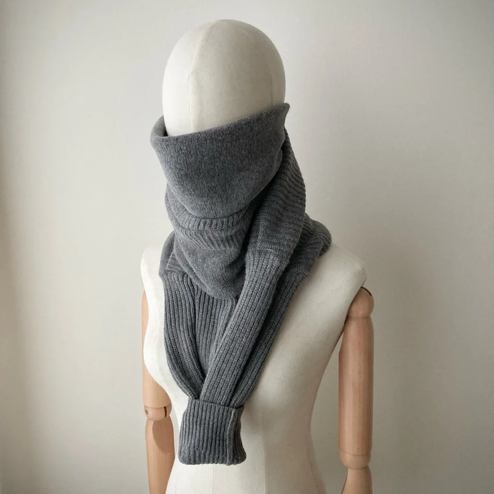 joodito yak wool sweater wrap preppy tie scarf japanese boro ribbed wide gray - Picture 5 of 12